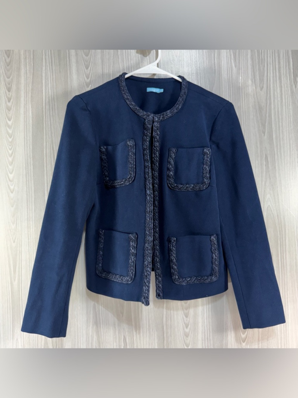 J. McLaughlin Navy Blue Corduroy Braided Trim Fanning Jacket Womens Small Blazer
